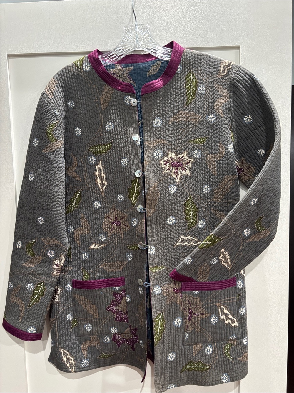 Women's Quilted Floral-Embroidered Gray Puffer Jacket with Magenta Trim
